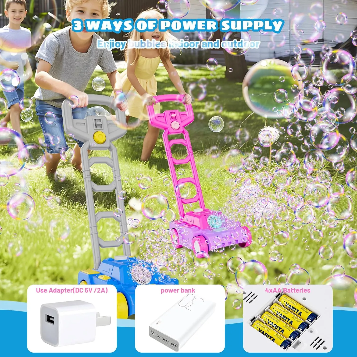 SHCKE Bubble Lawn Mower Bubble Machine for Toddlers 1-3,Plug in or Battery Operated Bubble Mower for 1  Year Old Girl Gifts, Push Gardening Toys for Kids Age 1 2 3 Easter Birthday Gifts