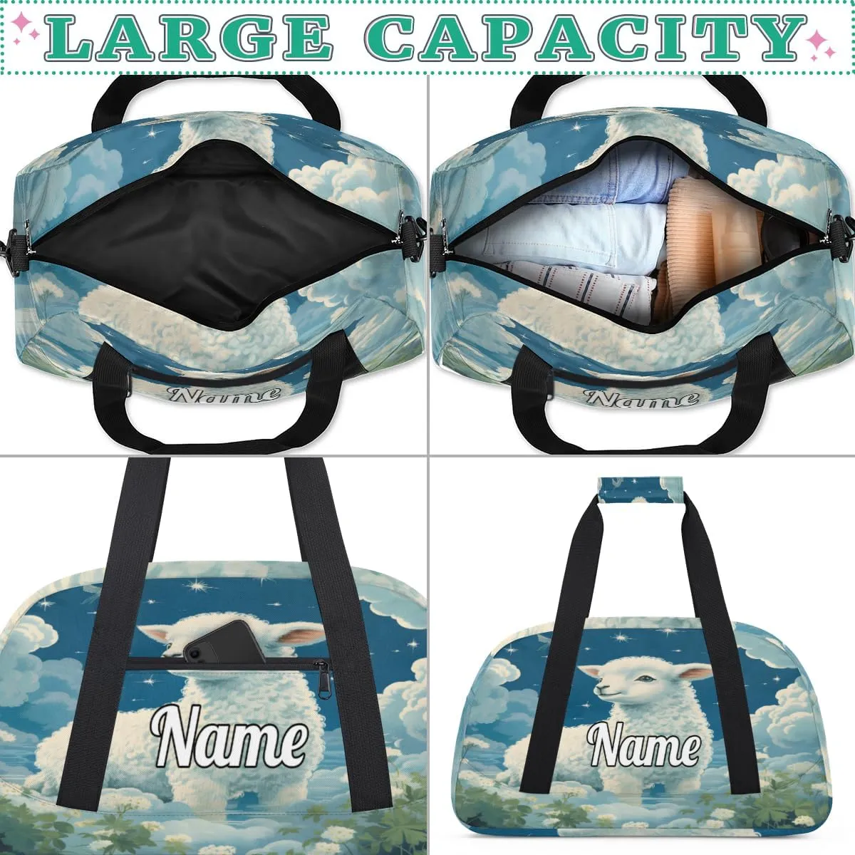 Sheep Print Personalized Kids Gym Bag Custom Name Sport Duffel Bag Dance Ballet Bag for Girls Practice Workout Bag