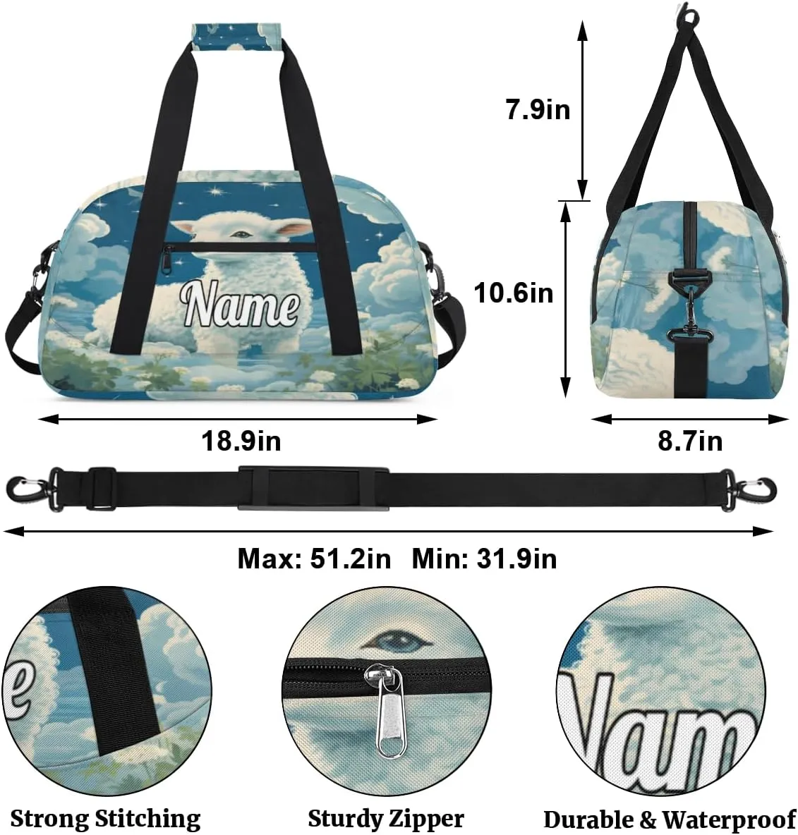 Sheep Print Personalized Kids Gym Bag Custom Name Sport Duffel Bag Dance Ballet Bag for Girls Practice Workout Bag