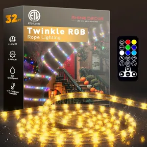 Shine Decor LED Rope Light RGB Twinkle, with 360° Durable Clear Tube Waterproof Cold Resistant for Outdoor, Remote Control Multicolor Festive Christmas Decoration Lights, 32FT Connectable ETL Listed