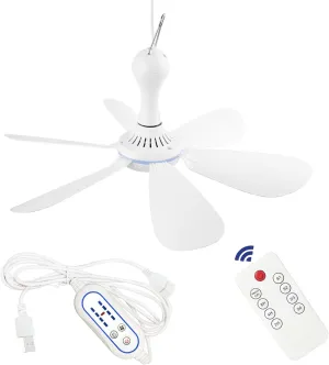 Silent USB Powered Ceiling Fan with Remote Control Timing 4 Speed, Quiet Small DC Plug in Ceiling Fan Hanging Fan for Camping Bed RV Tent Canopy Room