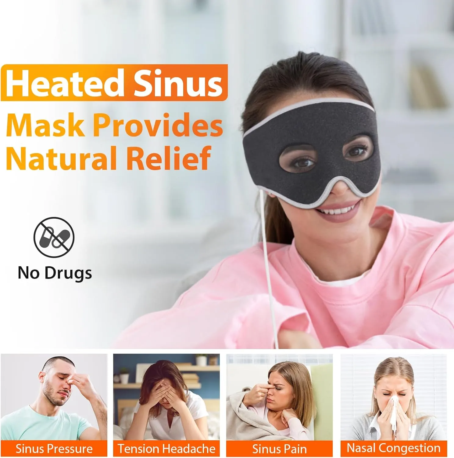 Sinus Pressure Relief Heated Mask Face Heating Pad Relieve Sinus Pain, Sinusitis Treatment, Headache, Nasal Congestion, 3 Heat Settings, Warm Compress Therapy, Washable (Non-Rechargeable)