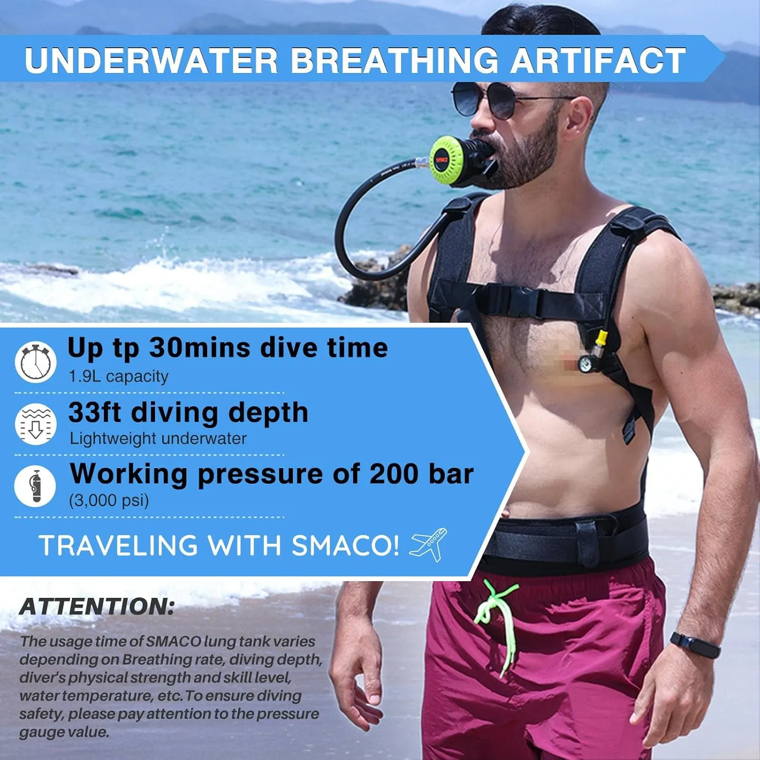 SMACO Mini Scuba Tank 1.9L Portable Diving Tank (2 Pcs) Reusable Scuba Pony Bottle Backup Dive Air Cylinder up to 30 Minutes Dive Time Family and Buddy Kit for Underwater Exploration Rescue S700