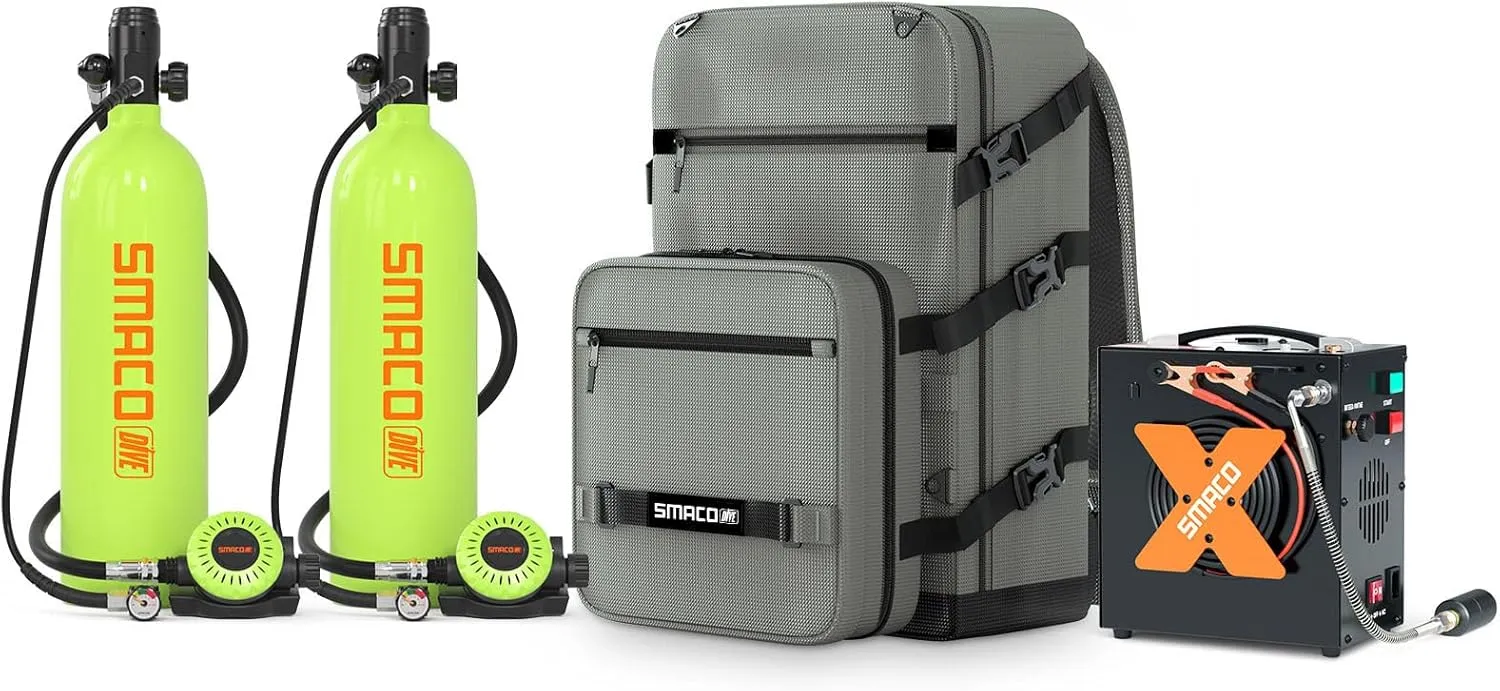 SMACO Mini Scuba Tank 1.9L Portable Diving Tank (2 Pcs) Reusable Scuba Pony Bottle Backup Dive Air Cylinder up to 30 Minutes Dive Time Family and Buddy Kit for Underwater Exploration Rescue S700