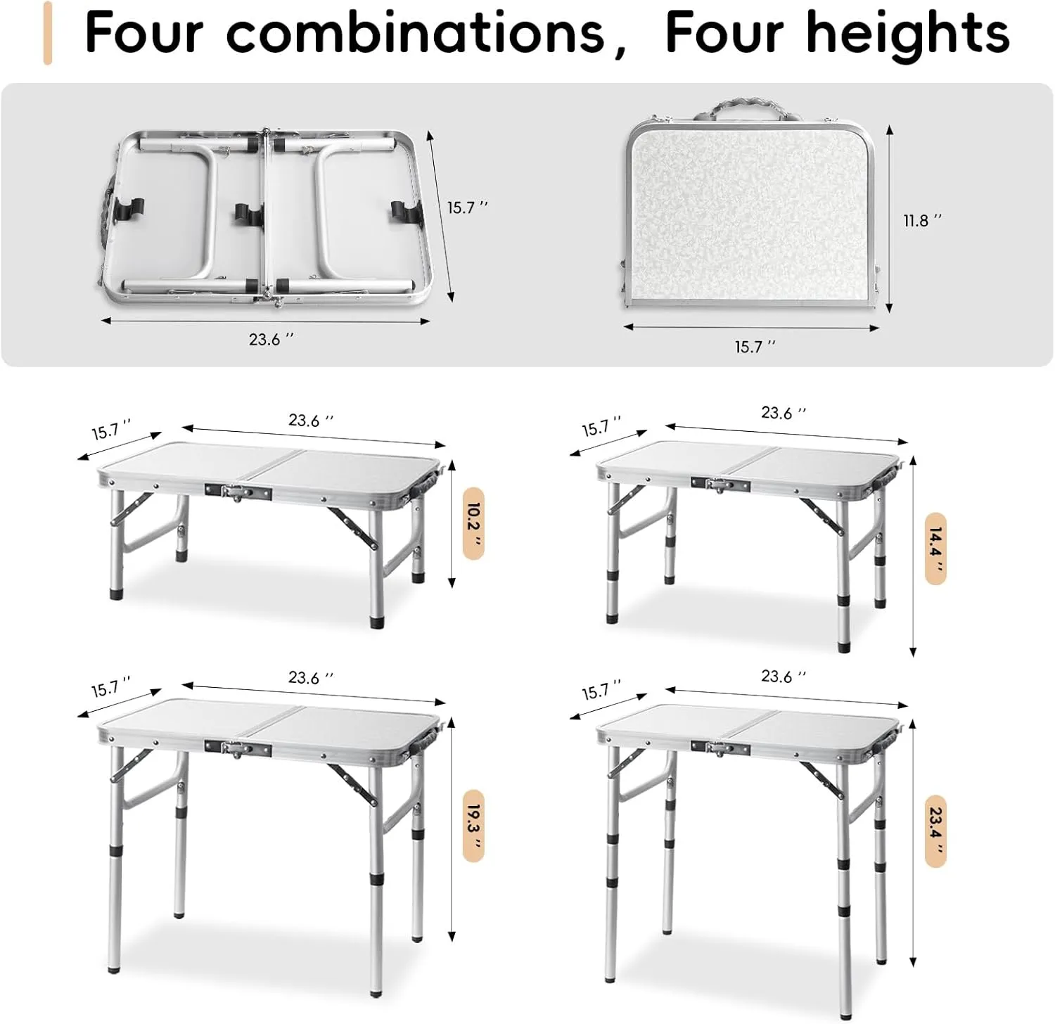 Small Camping Table 2Ft Folding Table 3 Adjustable Height Portable Lightweight Table Aluminum Fold Up Dining Table for Picnic,Beach BBQ,Cooking, Bed Working Outdoor & Indoor
