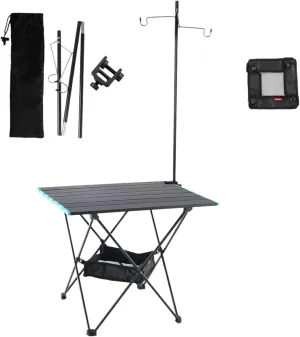 Small Foldable Table Portable Aluminium Klaptafel, Lichtgewicht Draagbare Klaptafel met Ophangnet, Opbergtas, Lichtstandaard for Picnic Camping(Black,55.2 * 40.8 * 46cm)