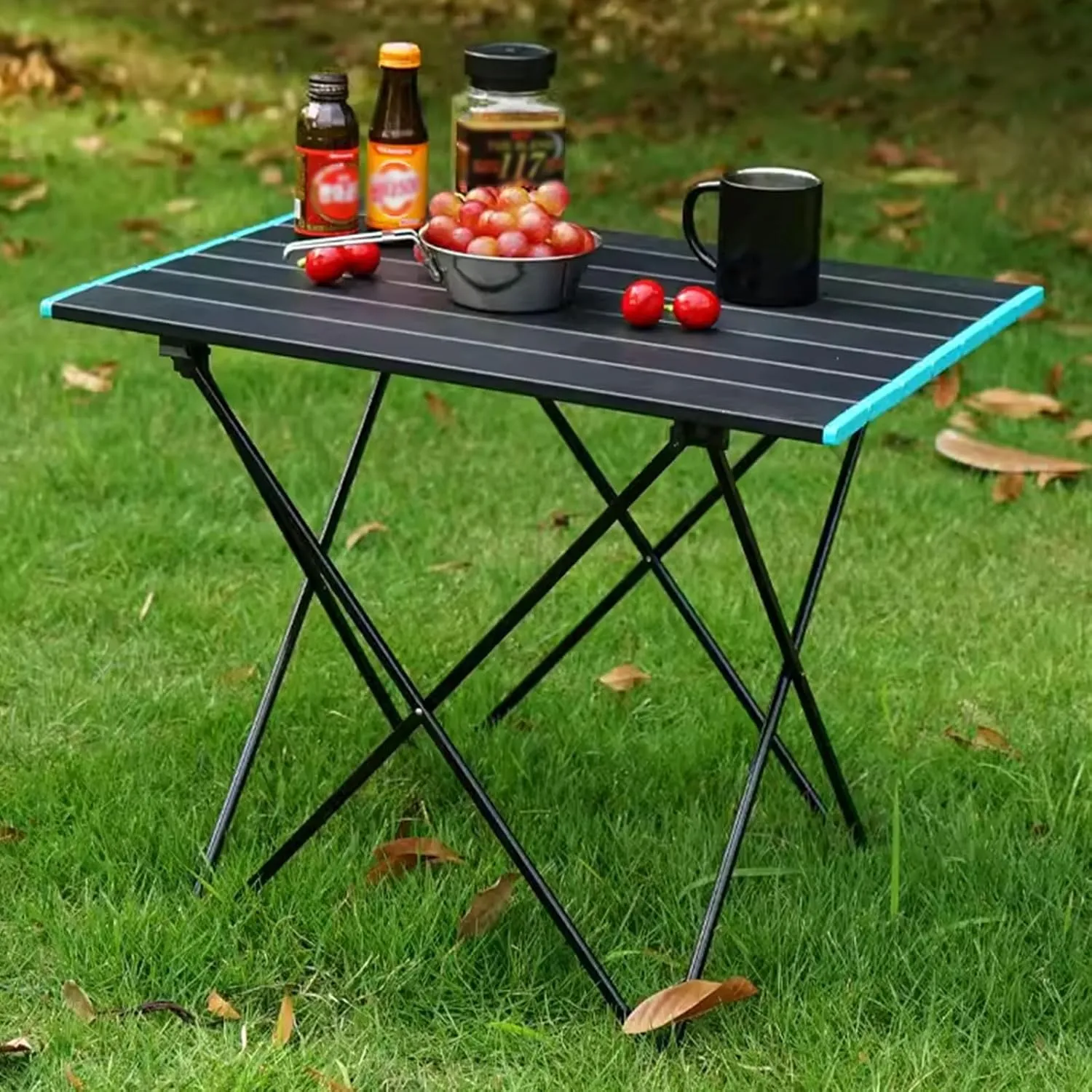 Small Foldable Table Portable Aluminium Klaptafel, Lichtgewicht Draagbare Klaptafel met Ophangnet, Opbergtas, Lichtstandaard for Picnic Camping(Black,55.2 * 40.8 * 46cm)