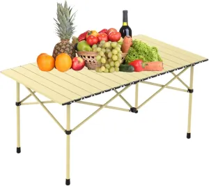 Small Folding Camping Table, Portable Beach Table with Aluminum Top, Lightweight Design for Outdoor Cooking, Picnic, BBQ, and Festivals Light Yellow 95×55×50cm/37×21×19.7in