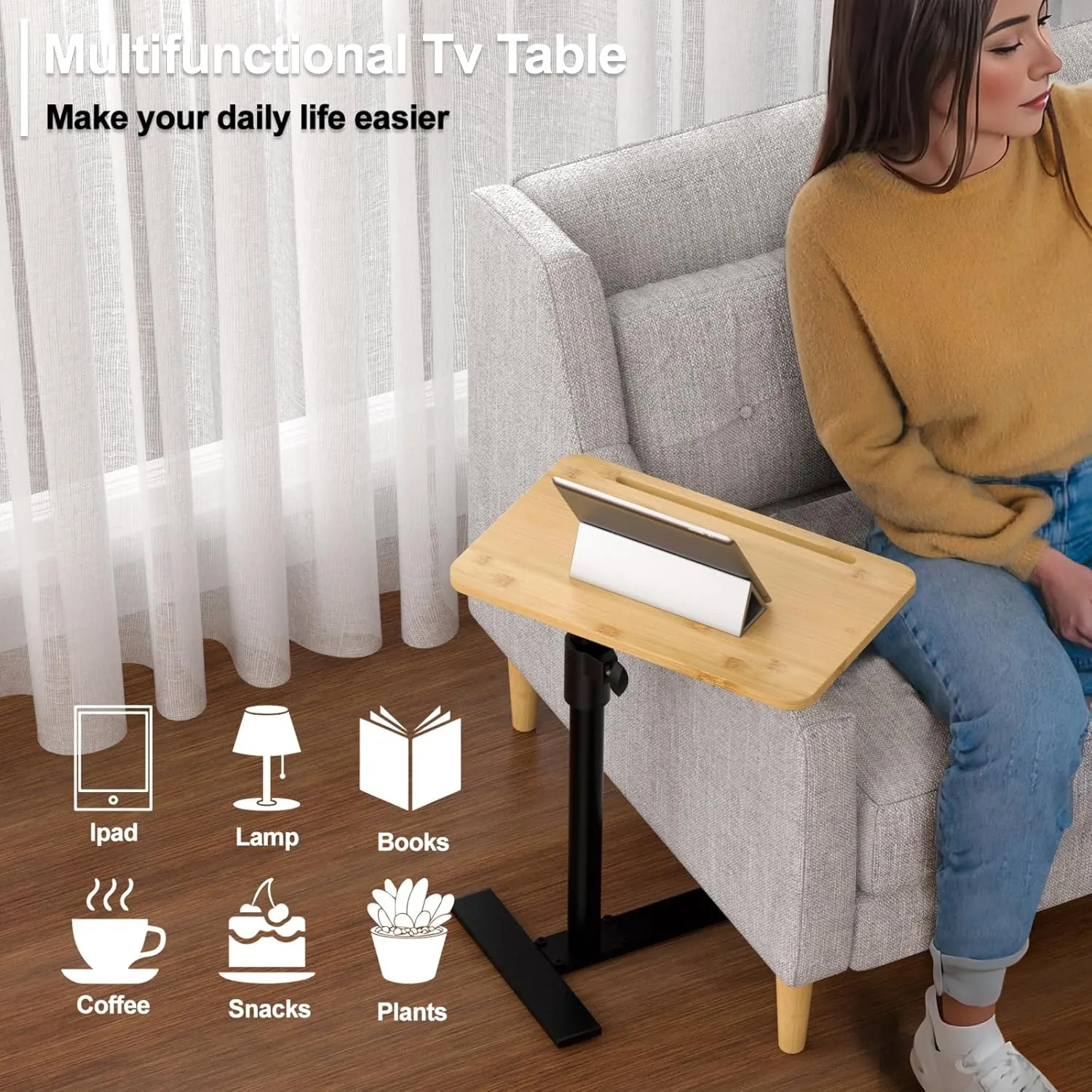 Sofa Armrest Tray Table - 360° Swivel TV Trays - Height Adjustable Side Table for Bed or Chair with Phone & Tablet Slots - End Tables for Small Spaces (Standard, Fair)