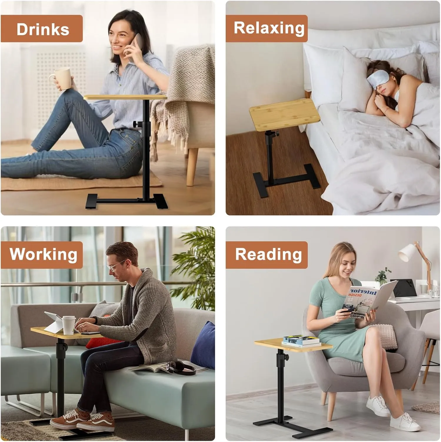 Sofa Armrest Tray Table - 360° Swivel TV Trays - Height Adjustable Side Table for Bed or Chair with Phone & Tablet Slots - End Tables for Small Spaces (Standard, Fair)