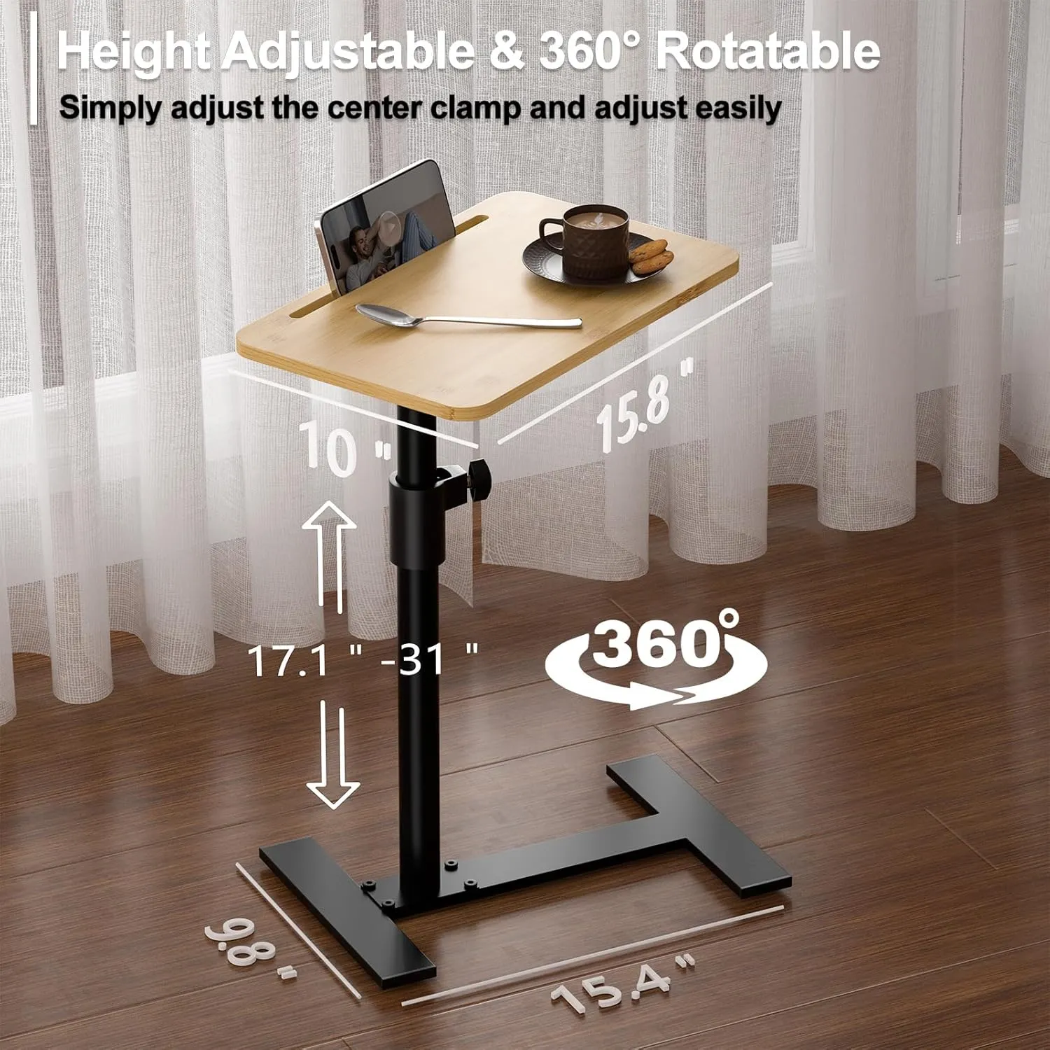 Sofa Armrest Tray Table - 360° Swivel TV Trays - Height Adjustable Side Table for Bed or Chair with Phone & Tablet Slots - End Tables for Small Spaces (Standard, Fair)