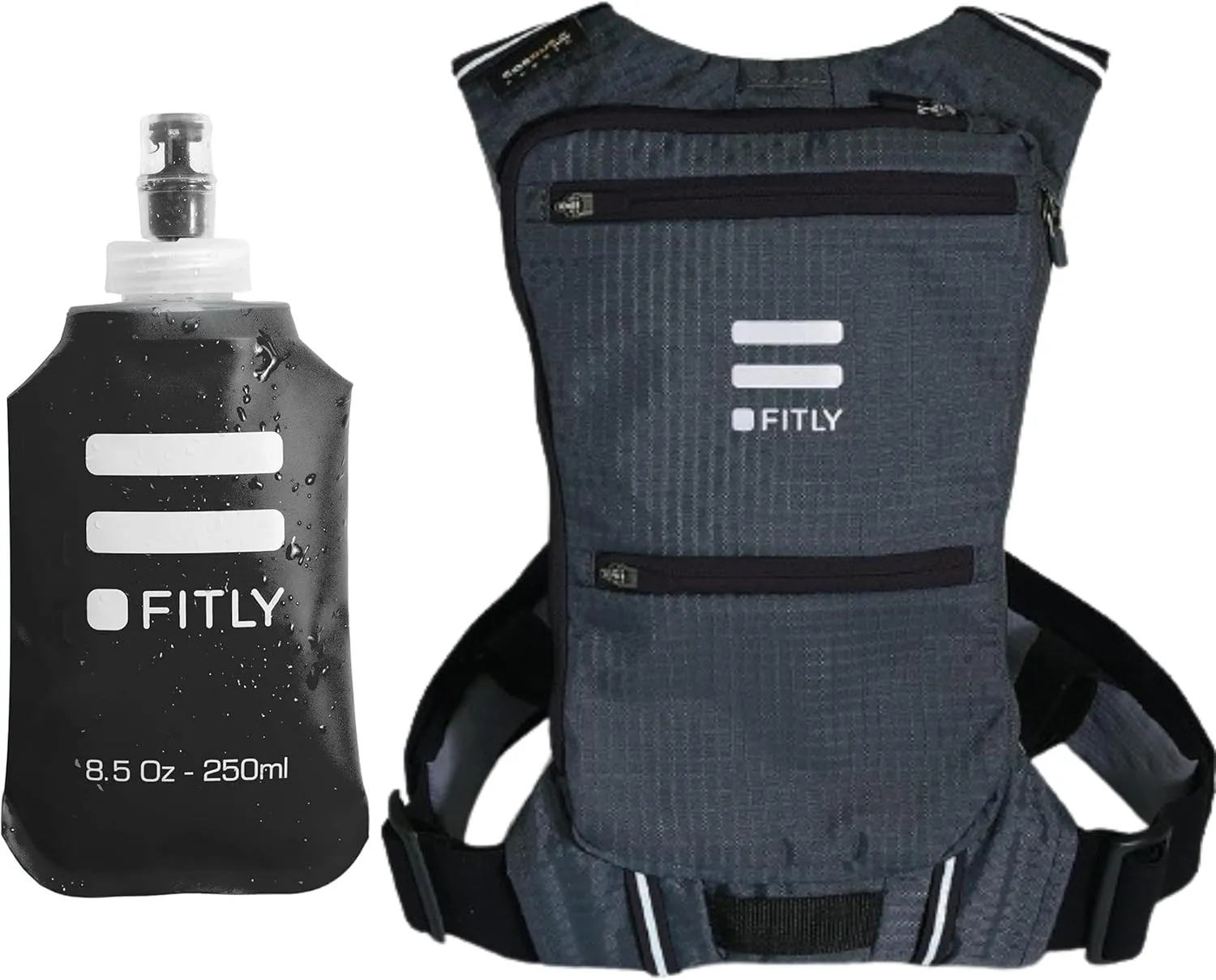 Soft Flask - 8.5 oz (250 ml) And Minimalist Running Pack For Men & Women Bundle | Shrink As You Drink Pocket Soft Water Bottle for Hydration Pack/Running Vest - Running Backpack for Sub45 Runs, Hikes