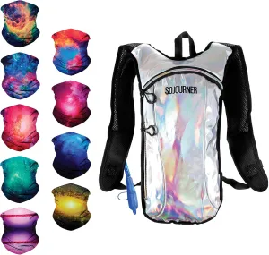 Sojourner Rave Hydration Pack Backpack (2 Pocket Holographic Silver) Bundle with Galaxy Bandanas Neck Gaiters (9 Pk)