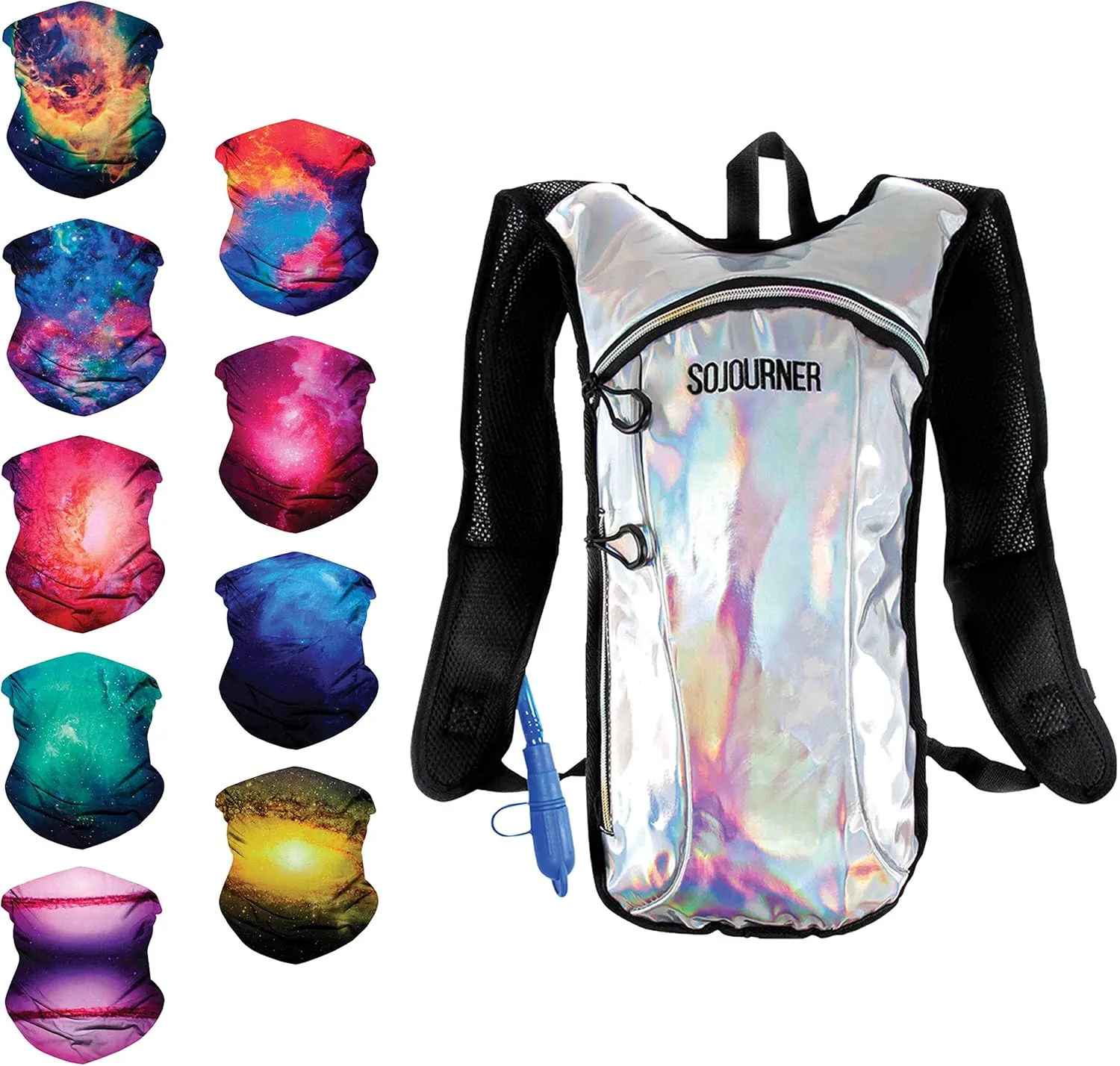 Sojourner Rave Hydration Pack Backpack (2 Pocket Holographic Silver) Bundle with Galaxy Bandanas Neck Gaiters (9 Pk)