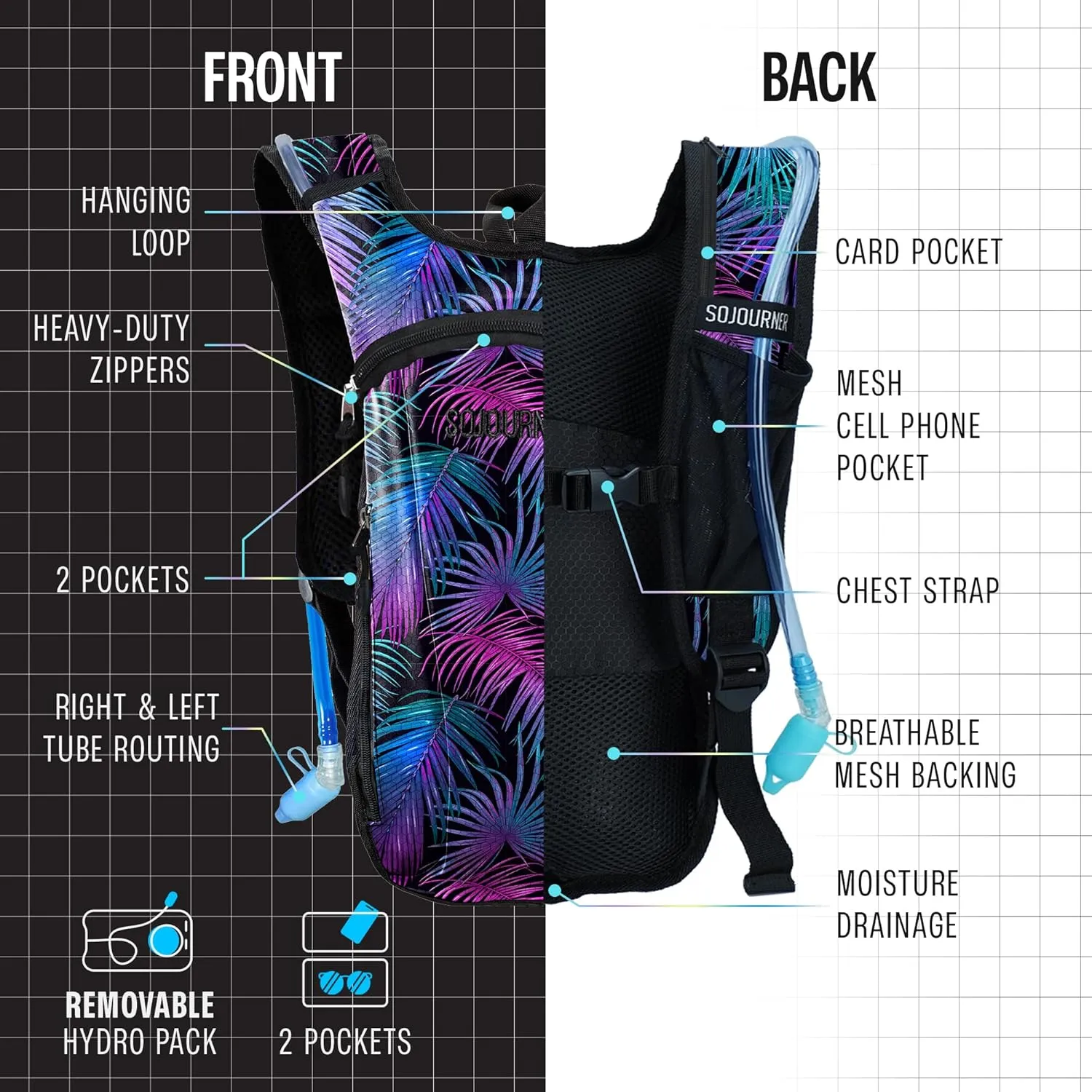 Sojourner Rave Hydration Pack - Hydration Backpack - Hydropack with 2L Bladder - Water Backpack for Festivals, Hiking, Running, Biking and More
