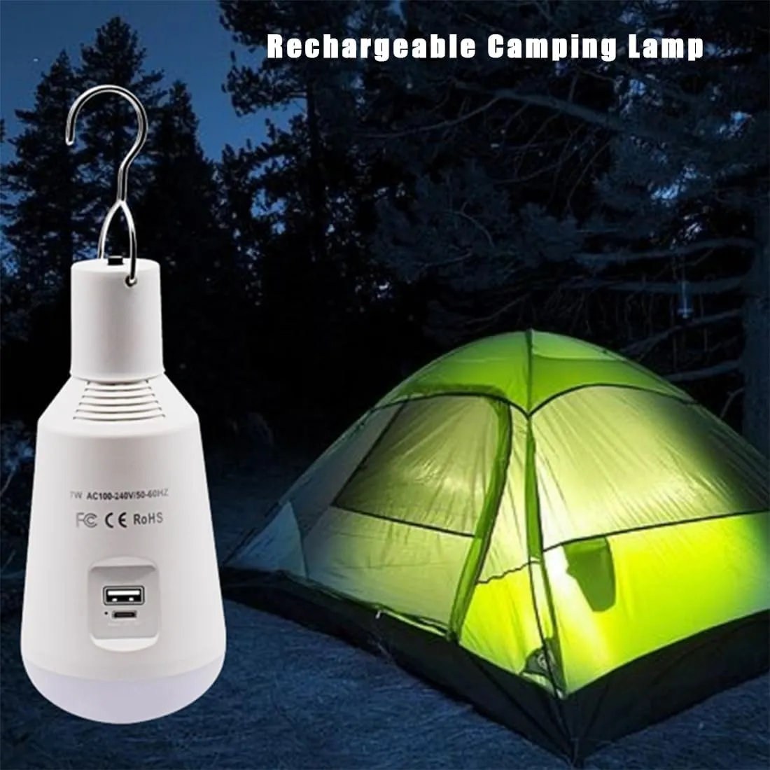 Solar Camping Lights USB Rechargeable 7W Portable Outdoor Solar Tent Light with Rechargeable Battery for Camping Hiking Traveling, Pack of 1 (Lamp   Solar Panel)