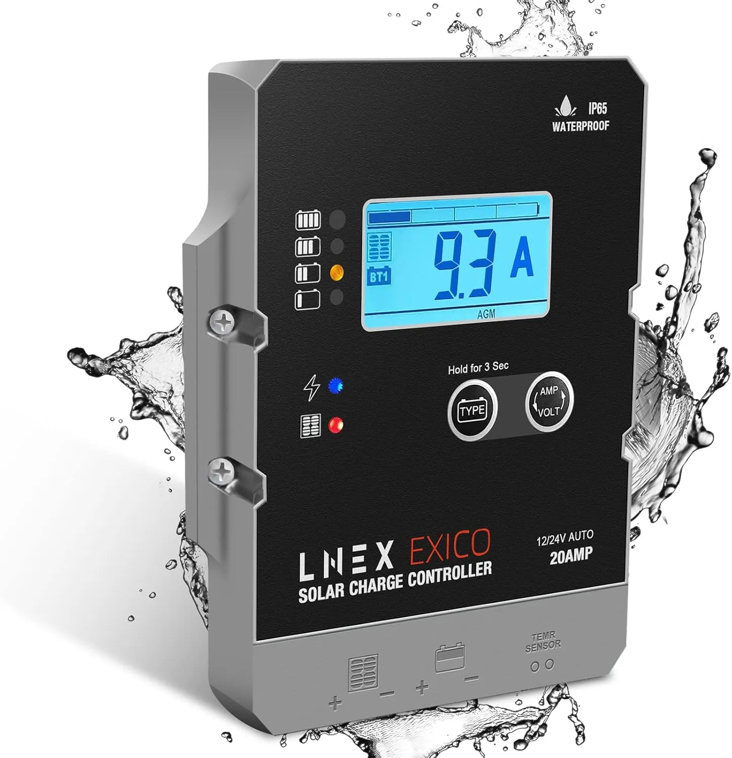 Solar Charge Controller Waterproof, 20A Super Thin Solar Panel Battery Intelligent Regulator with LCD Display 12V/24V PWM Solar Controller for LiFePO4,AGM, Gel, Flooded and Lithium Battery