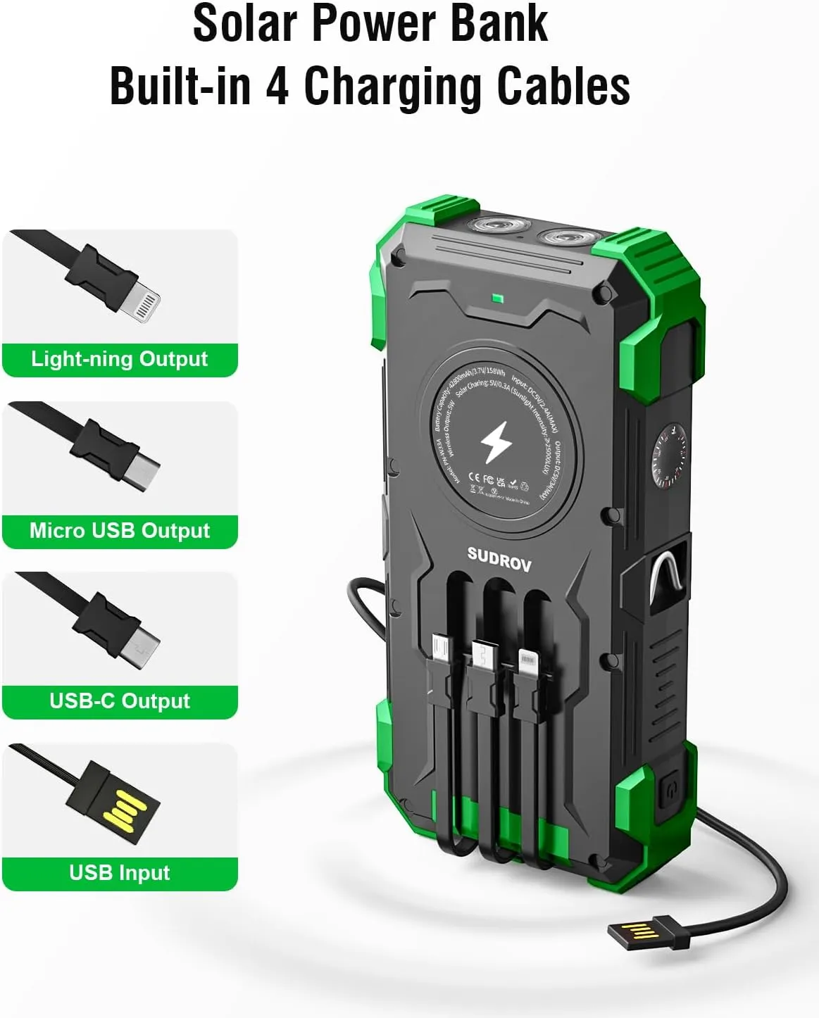 Solar Charger Power Bank, 42800mAh Wireless Portable Charger with USB-C in/Output, QC3.0 Fast Charging 15W 4 Ports Outdoor Battery Pack Built-in Dual Led Flashlights for iPhone Samsung etc