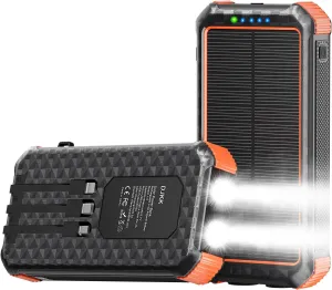 Solar Charger Power Bank 46800mAh Built-in 3 Cables 15W Fast Charging 4 Output for All Mobile Devices, 2 Inputs Solar Portable Charger with Dual Flashlights&Compass for Indoor Outdoor Travel (Orange)
