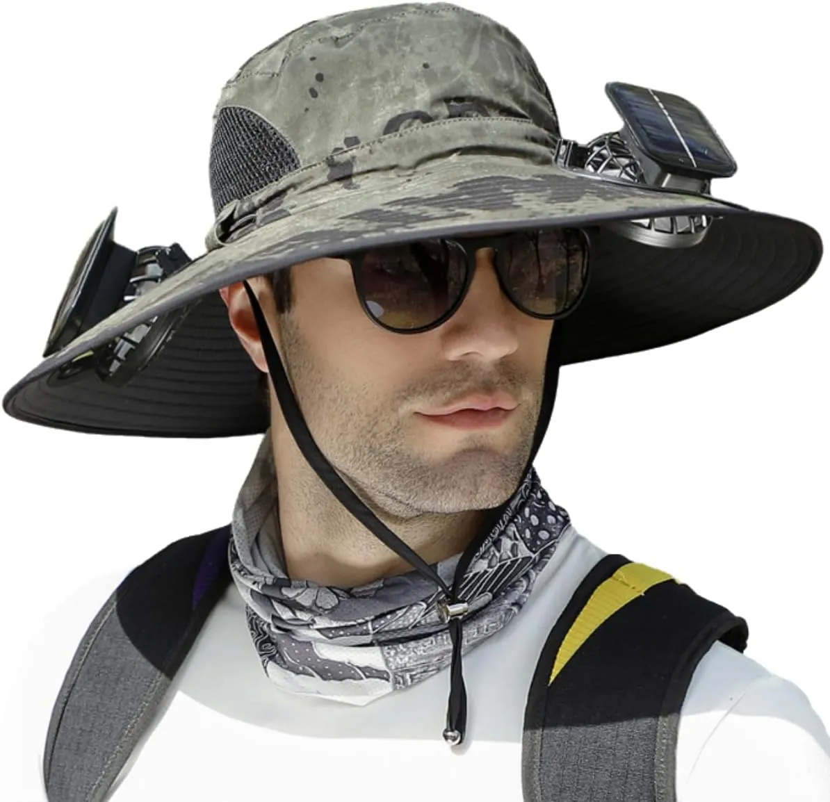 Solar Fan Hat, Wide Brim Solar Fan Outdoor Fishing Hat Sun Hat for Men with 2 Solar Fan Fishing Hats, UPF 50 