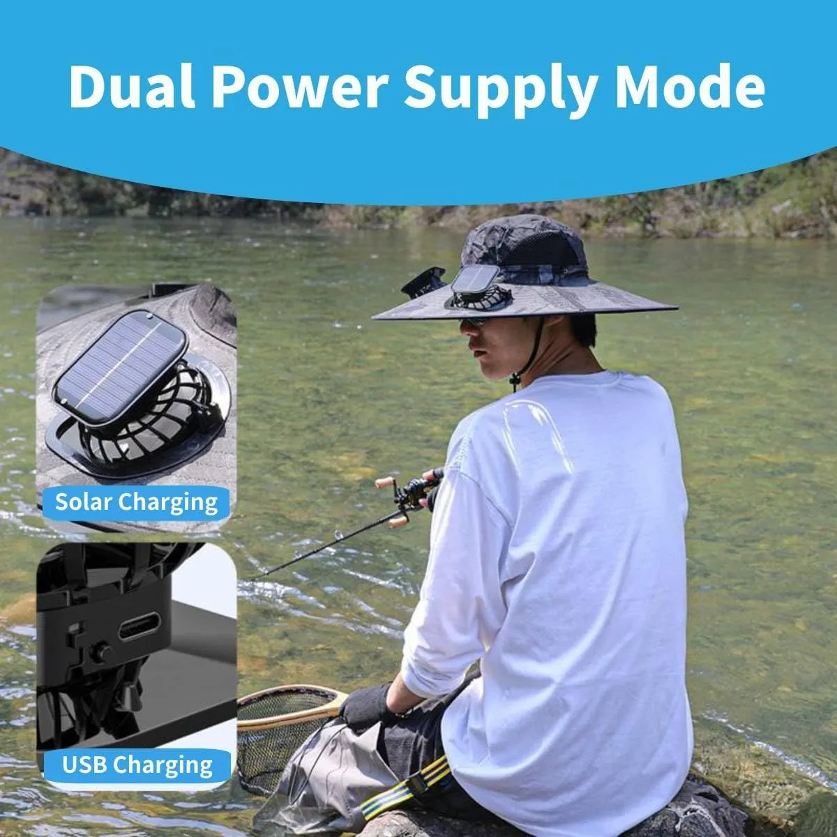 Solar Fan Hat, Wide Brim Solar Fan Outdoor Fishing Hat Sun Hat for Men with 2 Solar Fan Fishing Hats, UPF 50 