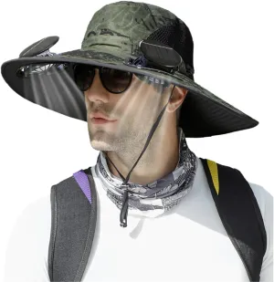 Solar Fan Hat, Wide Brim Solar Fan Outdoor Fishing Hat Sun Hat for Men with 2 Solar Fan Fishing Hats, UPF 50 