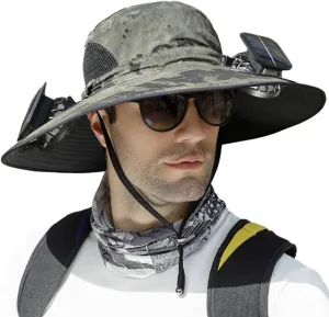Solar Fan Hat, Wide Brim Solar Fan Outdoor Fishing Hat Sun Hat for Men with 2 Solar Fan Fishing Hats, UPF 50 