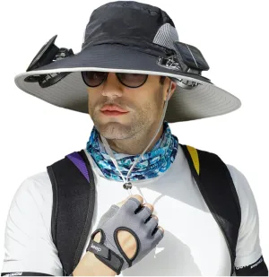Solar Fan Hat, Wide Brim Solar Fan Outdoor Fishing Hat Sun Hat for Men with 2 Solar Fan Fishing Hats, UPF 50 