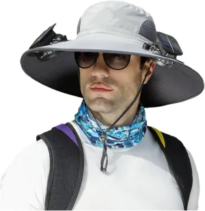 Solar Fan Hat, Wide Brim Solar Fan Outdoor Fishing Hat Sun Hat for Men with 2 Solar Fan Fishing Hats, UPF 50 