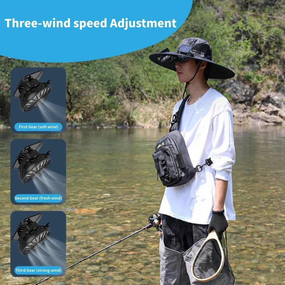 Solar Fan Hat, Wide Brim Solar Fan Outdoor Fishing Hat Sun Hat for Men with 2 Solar Fan Fishing Hats, UPF 50 
