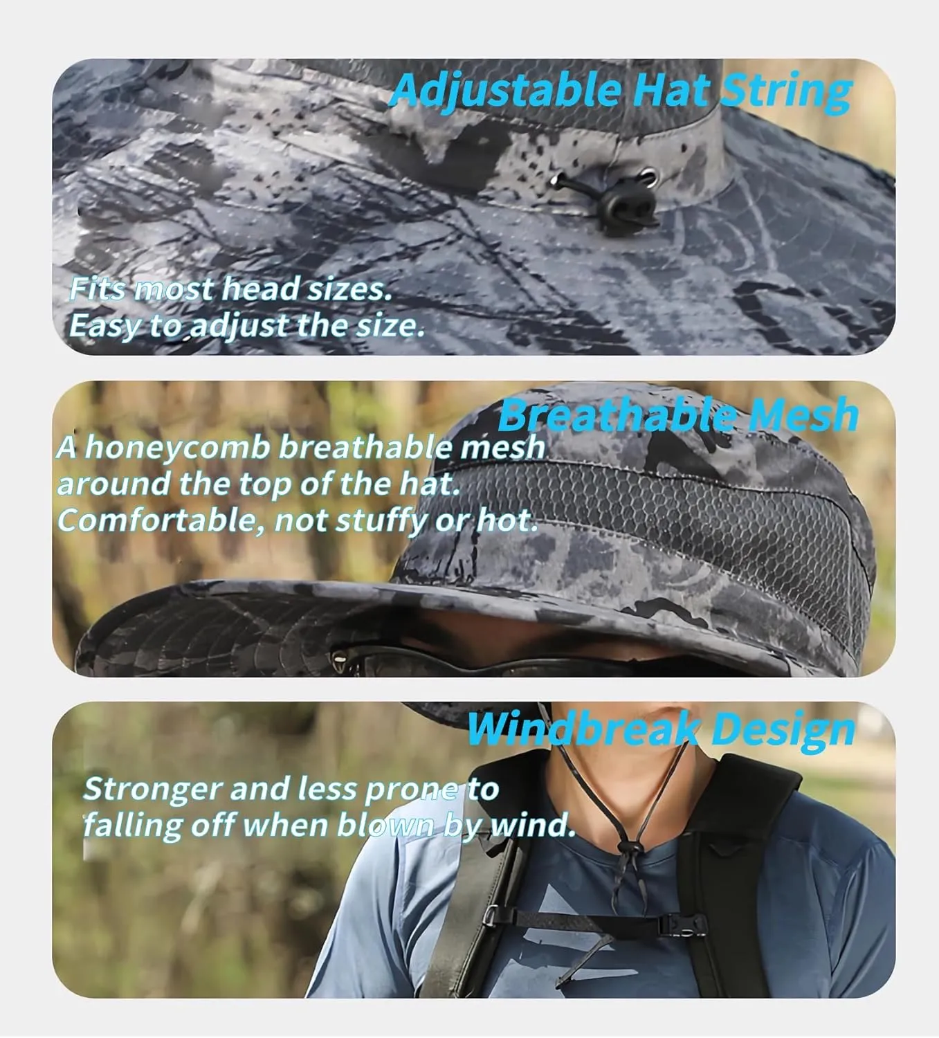 Solar Fan Hat, Wide Brim Solar Fan Outdoor Fishing Hat Sun Hat for Men with 2 Solar Fan Fishing Hats, UPF 50 