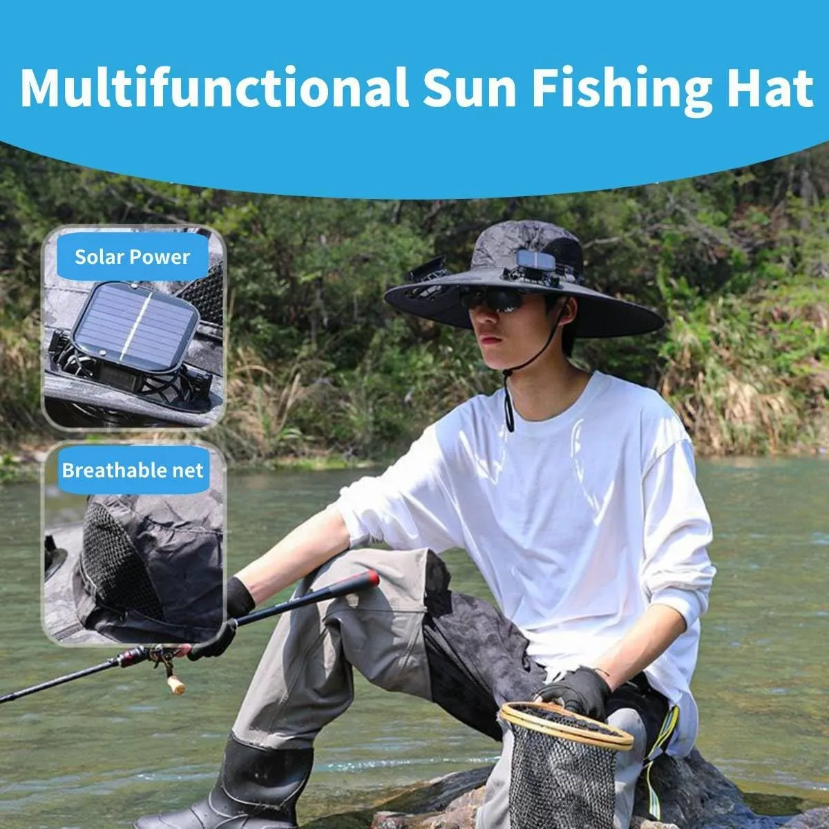 Solar Fan Hat, Wide Brim Solar Fan Outdoor Fishing Hat Sun Hat for Men with 2 Solar Fan Fishing Hats, UPF 50 