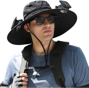 Solar Fan Hat, Wide Brim Solar Fan Outdoor Fishing Hat Sun Hat for Men with 2 Solar Fan Fishing Hats, UPF 50 