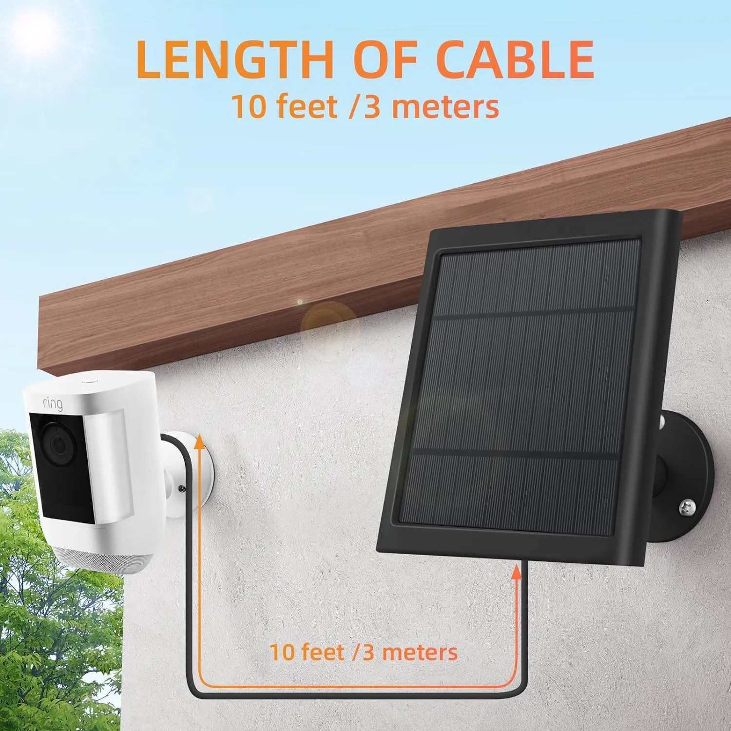 Solar Panel for Ring Camera, 4W Solar Charger Compatible with Ring Spotlight &Stick Up Outdoor Cam Battery, 10FT/3M Long Cable with USB-C to Ring Barrel Plug Adapter, Black