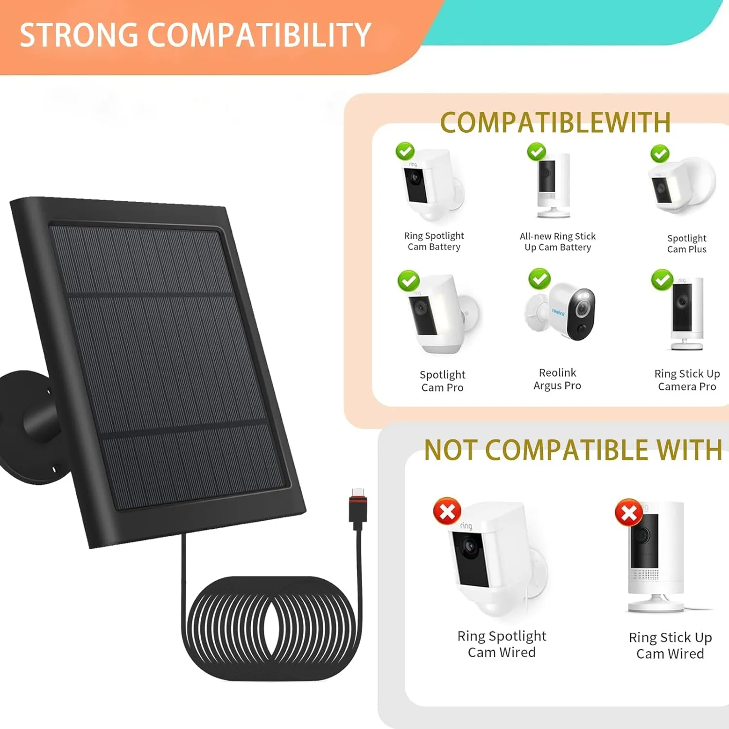 Solar Panel Outdoor for Ring Cameras With 10ft/3m Cable, 2-Pack, Compatible With Spotlight Cam Plus/Pro, Ring Stick Up Cam/Pro Battery, Spotlight Battery