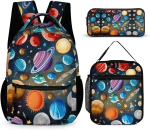 Solar System Backpack with Lunch Box & Pencil Case for Kids Girls Boys School, 16 Inch Cute Planet Bookbag, School Backpack for Students Children, Lightweight, Large Capacity