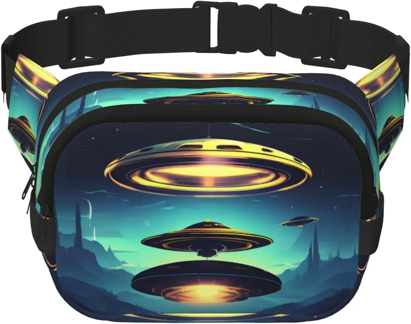 Spacecraft descend Fitness travel shoulder bag, fashionable and casual waist bag, square double-layer waist bag