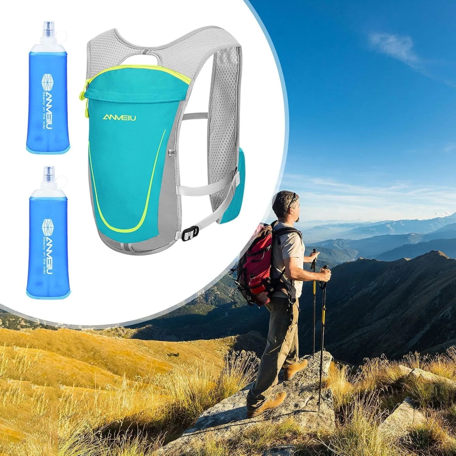 Sports Vest with Drinking System and 2 Water Containers for Outdoor Activities