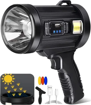 Spotlight, Led Rechargeable Spotlight Flashlight with Tripod, 6 Modes and 3 Colors Filter, Super Bright Solar Spot Lights Outdoor Handheld for Hunting, Boating, Camping, Large