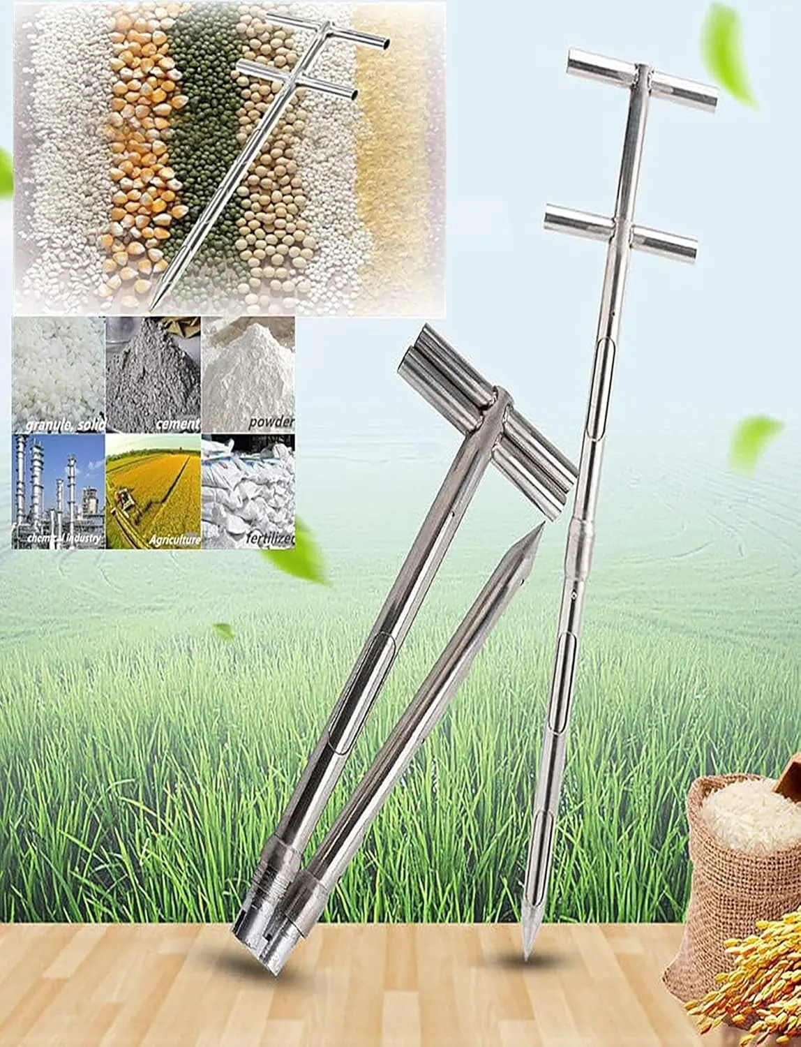 Stainless Steel Grains Powder Sampler Probe Rotary Handle Granule Solid Sack Bag Sampling Thief Double Tubes(3.2cm,300CM/118IN)