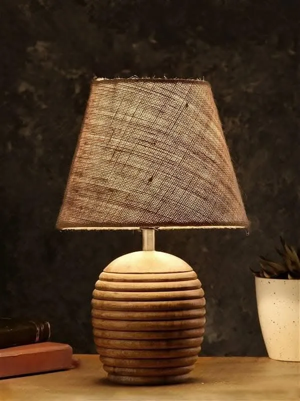 Striped Wooden Brown Lamp With Brown Jute Shade