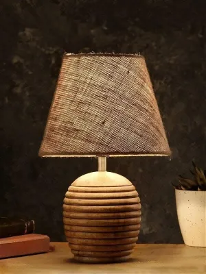 Striped Wooden Brown Lamp With Brown Jute Shade