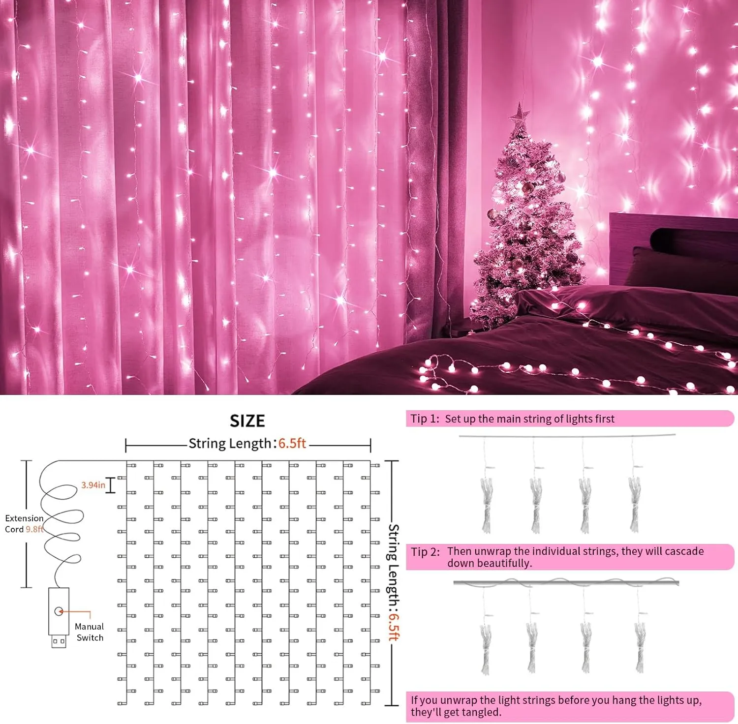 suddus Curtain Lights for Bedroom, 200 Led 6.5ft x 6.5ft Hanging String Lights Outdoor, Fairy Curtain Lights for Backdrop, Window, Wall, Wedding, Party, Garden, Porch, Brithday Decorations Pink