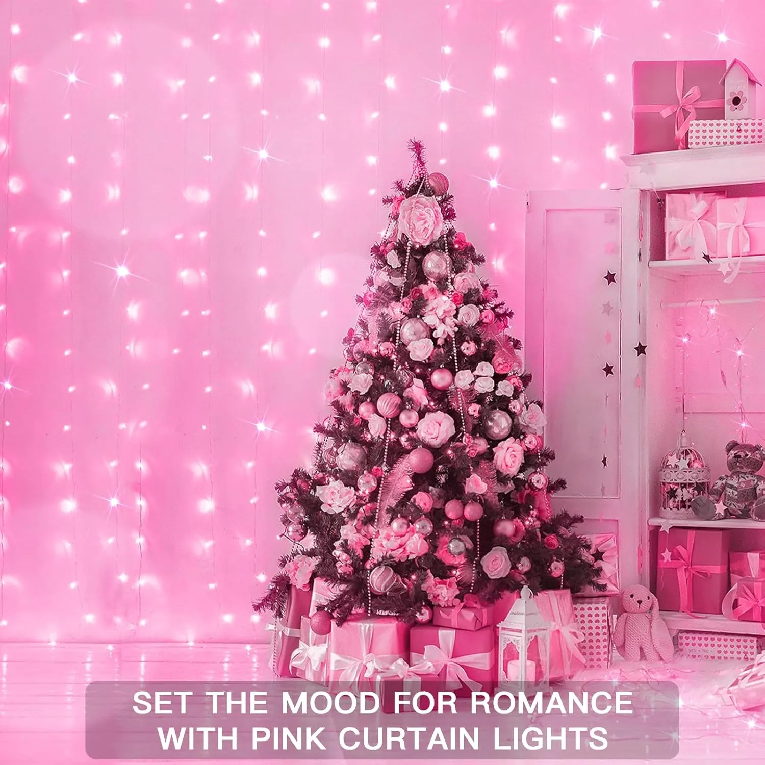 suddus Curtain Lights for Bedroom, 200 Led 6.5ft x 6.5ft Hanging String Lights Outdoor, Fairy Curtain Lights for Backdrop, Window, Wall, Wedding, Party, Garden, Porch, Brithday Decorations Pink