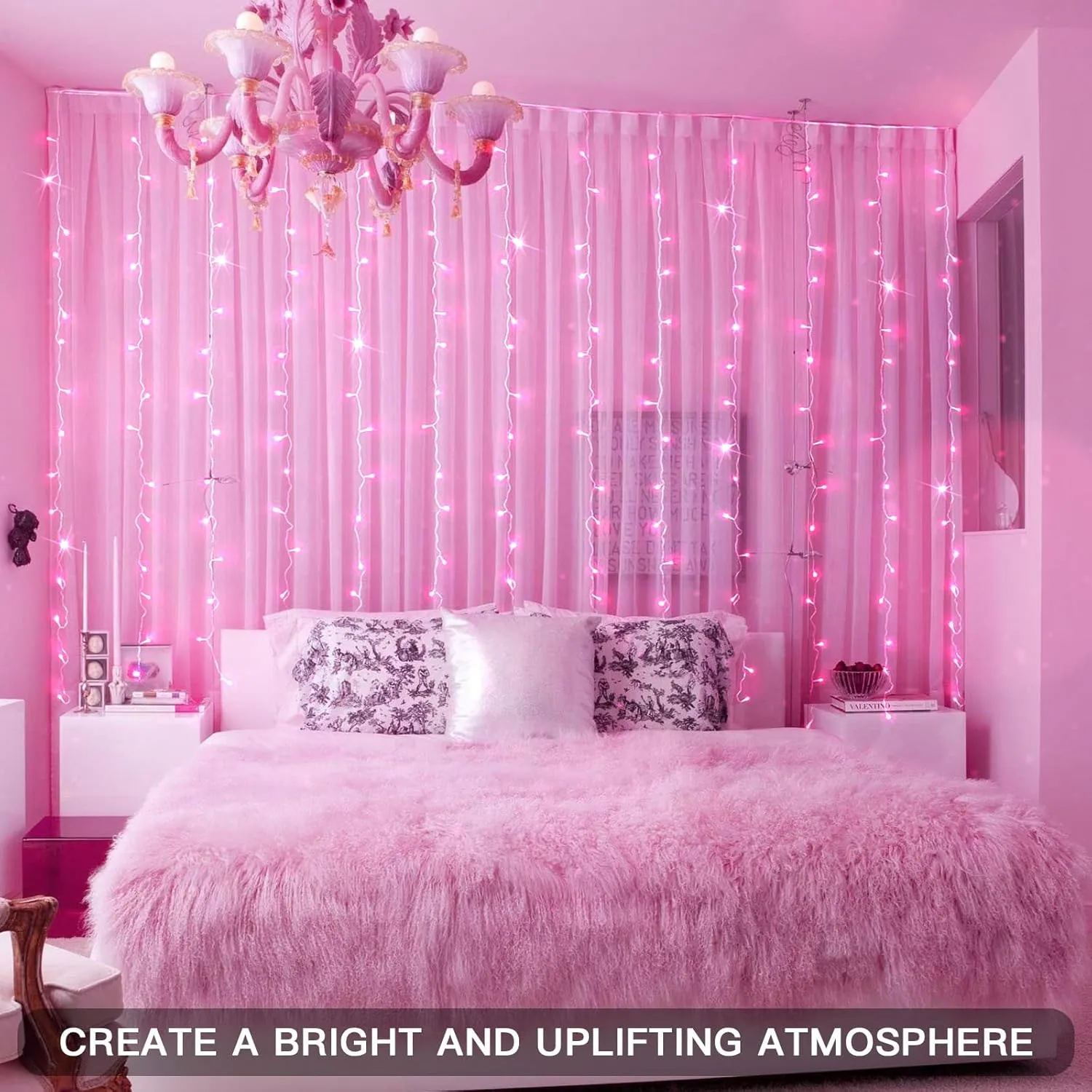 suddus Curtain Lights for Bedroom, 200 Led 6.5ft x 6.5ft Hanging String Lights Outdoor, Fairy Curtain Lights for Backdrop, Window, Wall, Wedding, Party, Garden, Porch, Brithday Decorations Pink