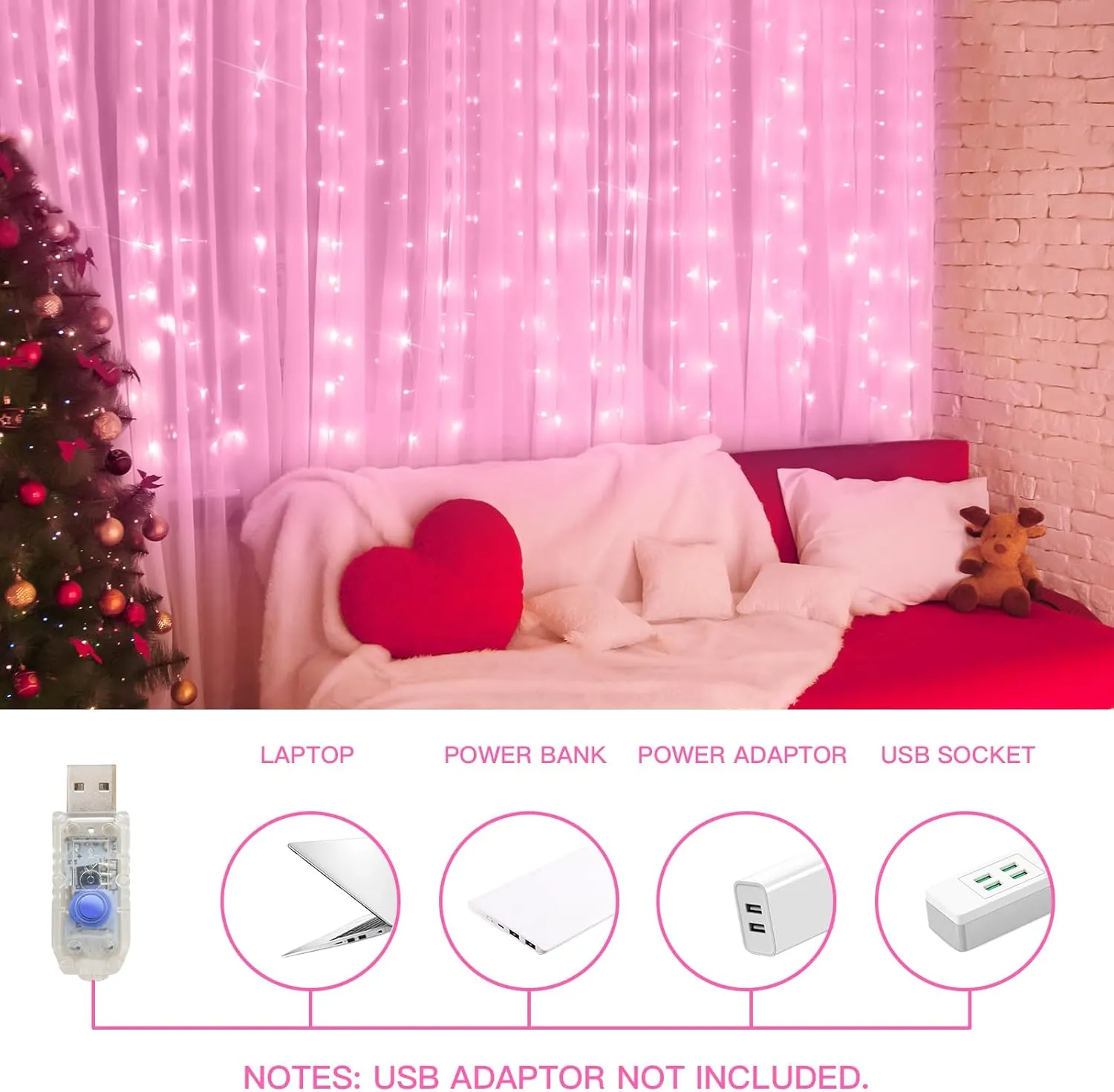 suddus Curtain Lights for Bedroom, 200 Led 6.5ft x 6.5ft Hanging String Lights Outdoor, Fairy Curtain Lights for Backdrop, Window, Wall, Wedding, Party, Garden, Porch, Brithday Decorations Pink