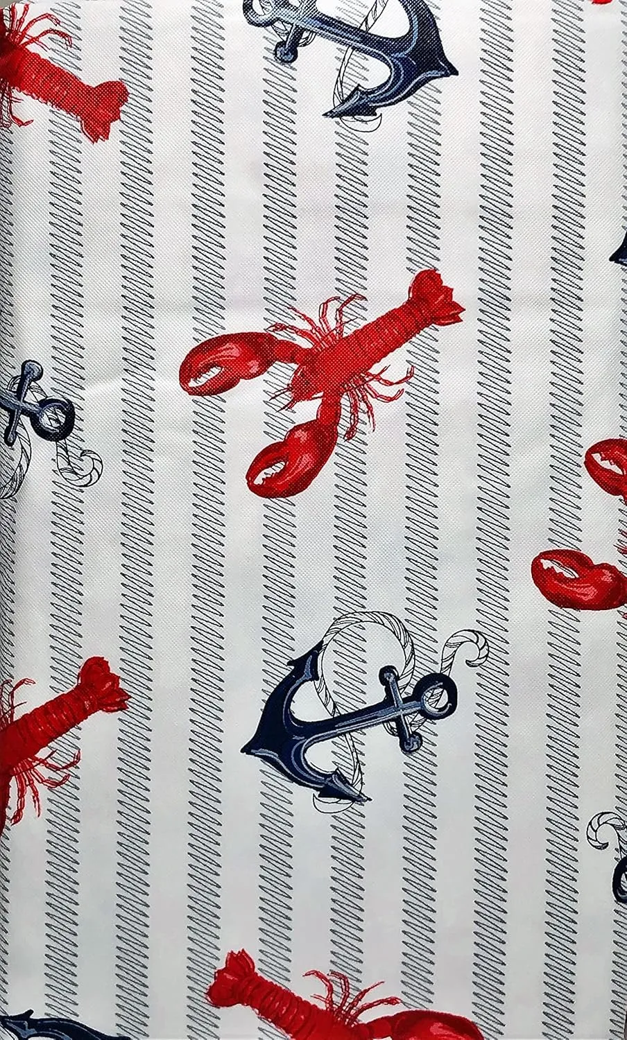 Summer Fun Lobsters & Anchors on Wavy Line Stripes Vinyl Flannel Back Tablecloth, Summer, Nautical, Ocean, Beach-Themed (52" x 90" Oblong)