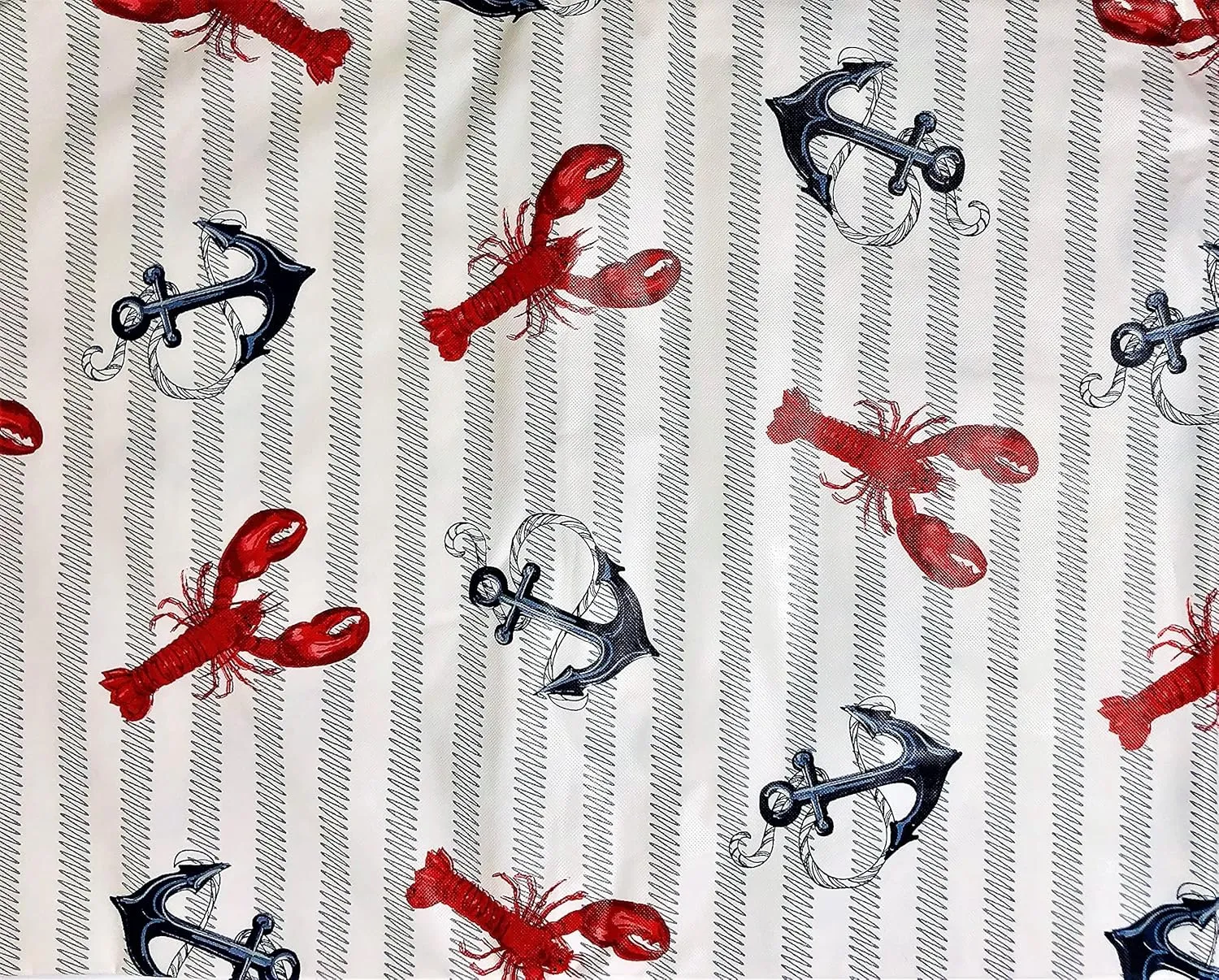 Summer Fun Lobsters & Anchors on Wavy Line Stripes Vinyl Flannel Back Tablecloth, Summer, Nautical, Ocean, Beach-Themed (52" x 90" Oblong)