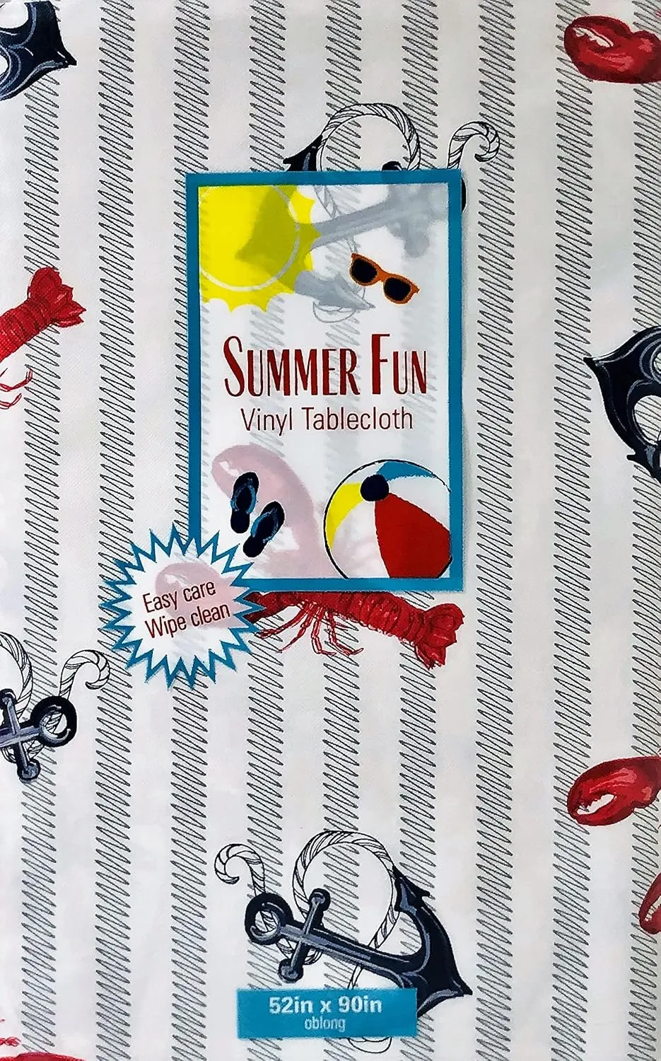 Summer Fun Lobsters & Anchors on Wavy Line Stripes Vinyl Flannel Back Tablecloth, Summer, Nautical, Ocean, Beach-Themed (52" x 90" Oblong)