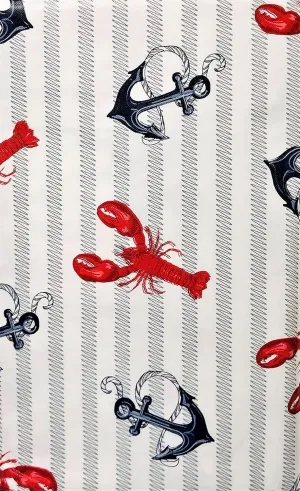 Summer Fun Lobsters & Anchors on Wavy Line Stripes Vinyl Flannel Back Tablecloth, Summer, Nautical, Ocean, Beach-Themed (52" x 90" Oblong)